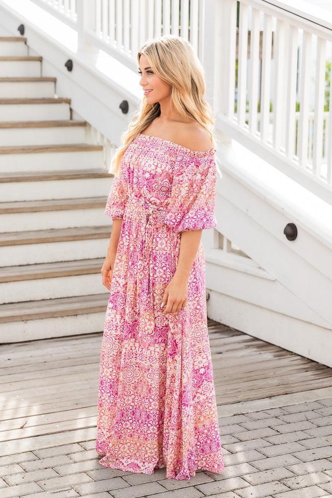 Dynamic Love Pink Printed Off The Shoulder Maxi Dress FINAL SALE Product Image