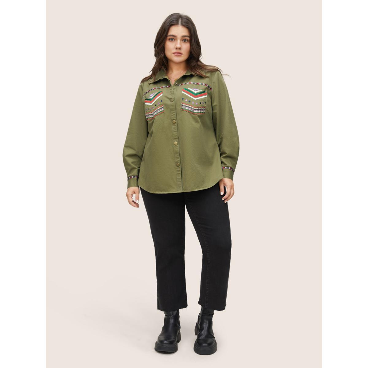 Plus Size Bandana Embroidered Patched Pocket Jacket Women ArmyGreen Non Patch pocket Everyday Jackets BloomChic 18-20/2X Product Image