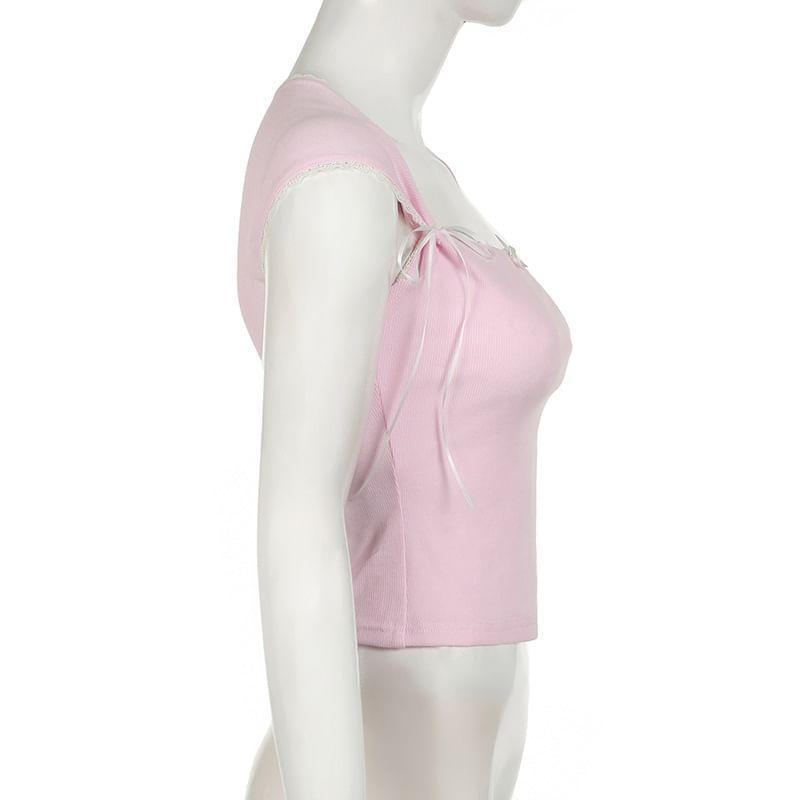 Cap-Sleeve Queen Anne Neckline Lace Trim Crop Top Product Image