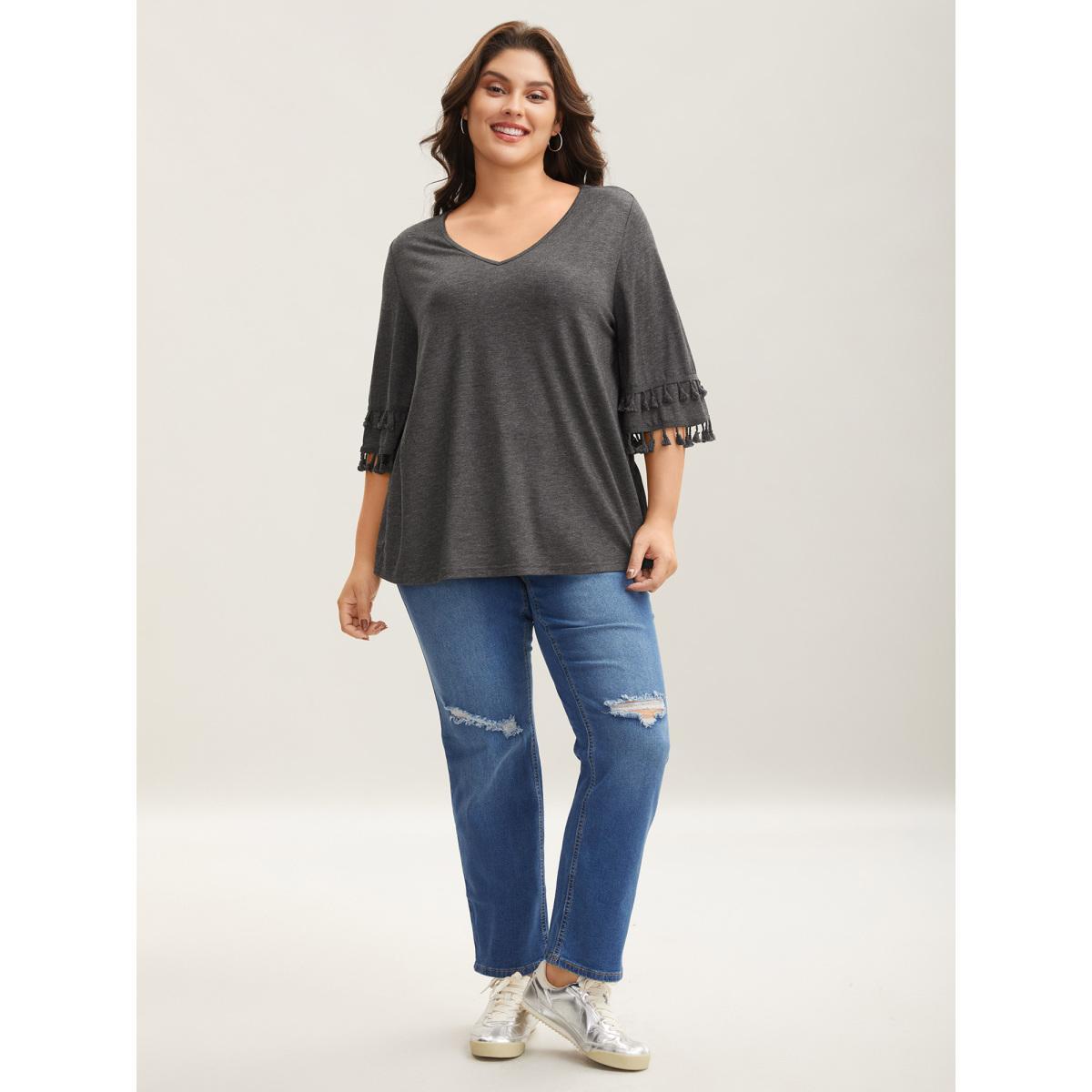 Plus Size Tassel Sleeve V-Neck Plain T-Shirt DimGray Women Casual Tassels V-neck Everyday T-shirts BloomChic 28/5X Product Image