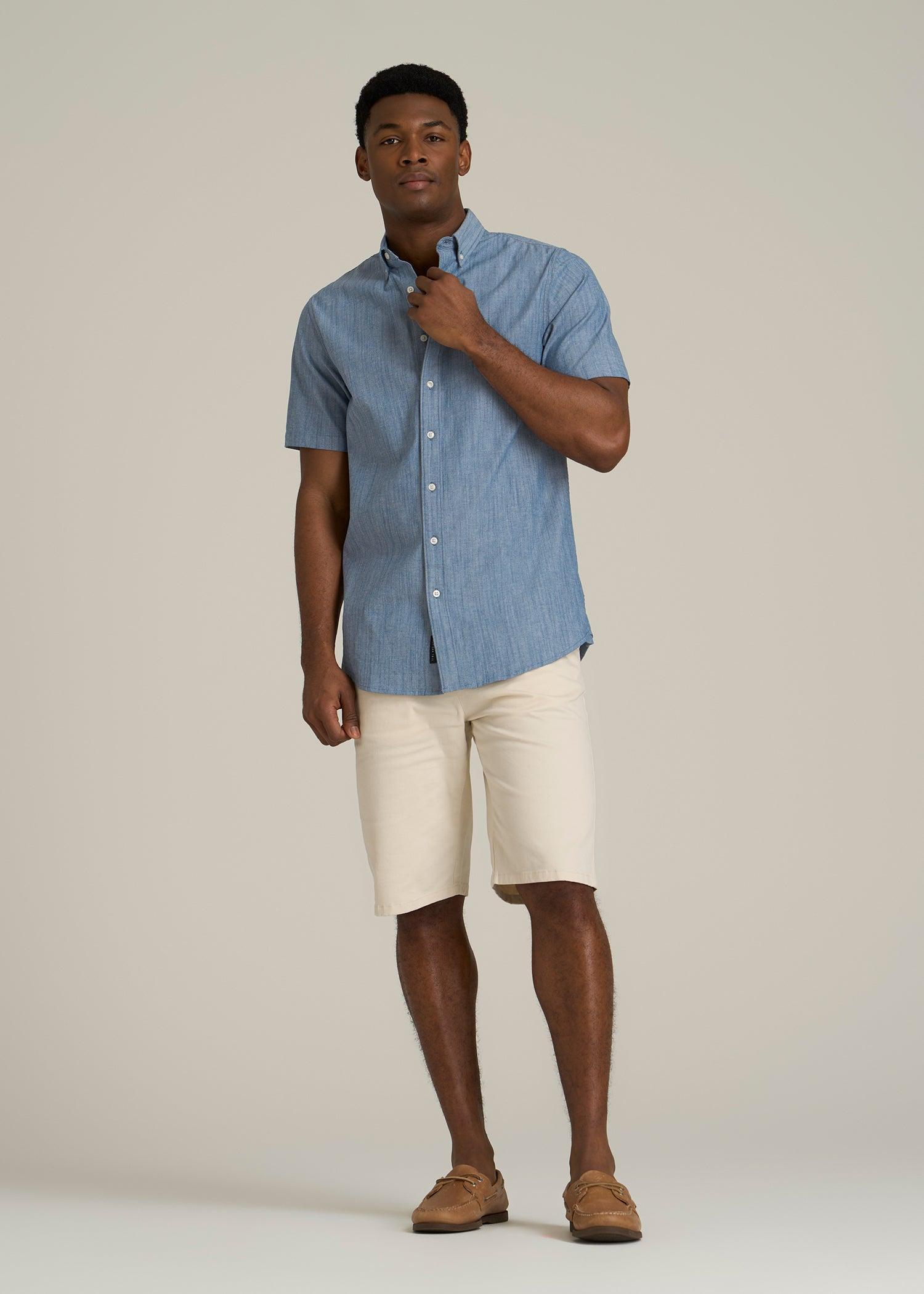 Short Sleeve Stretch Chambray Shirt for Tall Men in Medium Blue Chambray Product Image