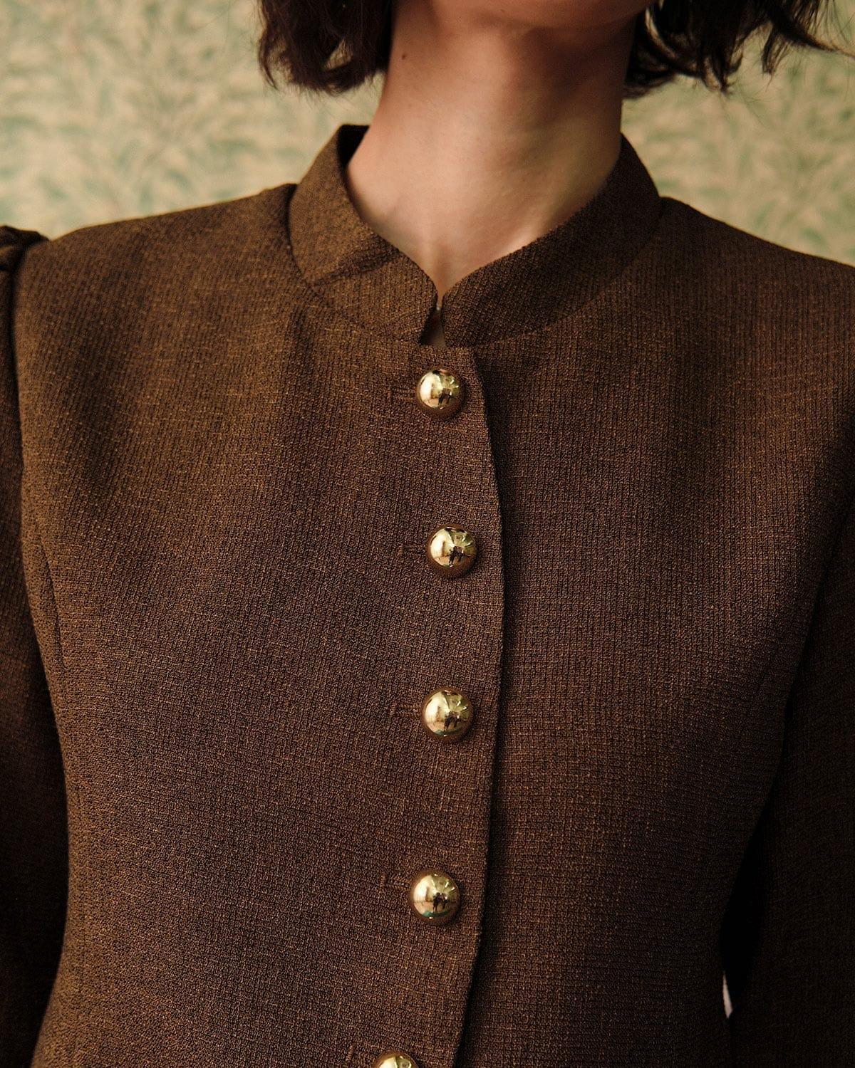 The Solid Retro Single-breasted Tweed Jacket Female Product Image