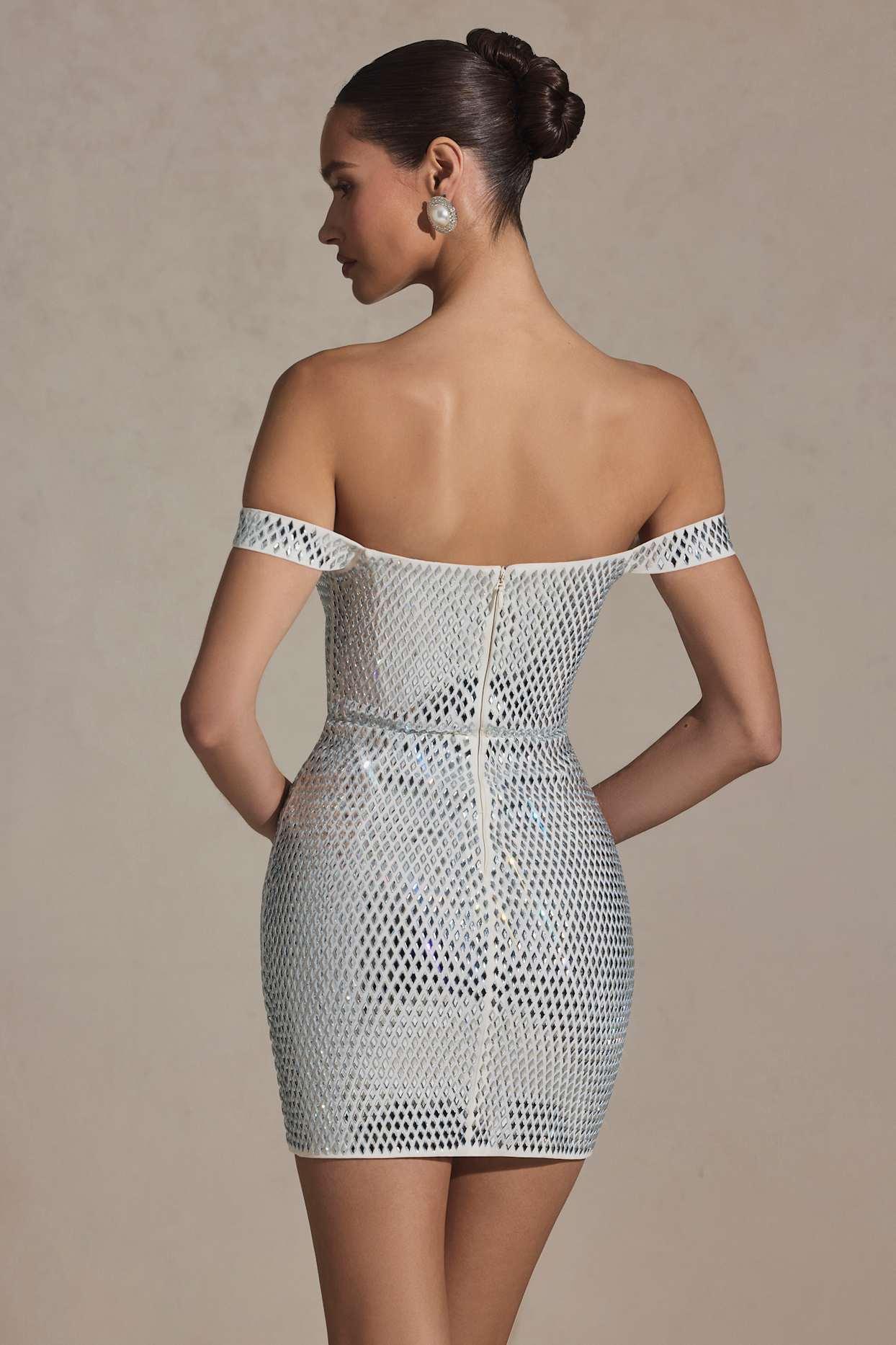 Embellished Off-Shoulder Mini Dress in White Product Image