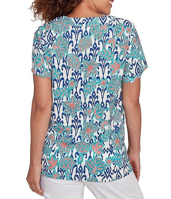 Ruby Rd. Petite Size Embroidered Knit Printed Split V-Neck Short Sleeve Top Product Image