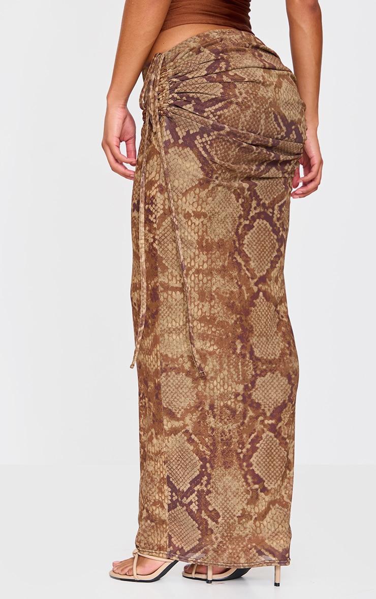Brown Snake Print Ruched Side Maxi Skirt Product Image