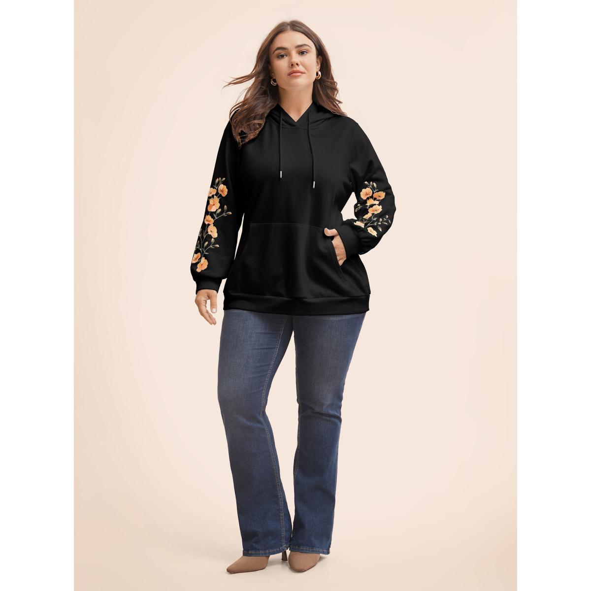 Plus Size Floral Embroidered Hooded Drawstring Sweatshirt Women Black Elegant Embroidered Hooded Everyday Sweatshirts BloomChic 18-20/2X Product Image