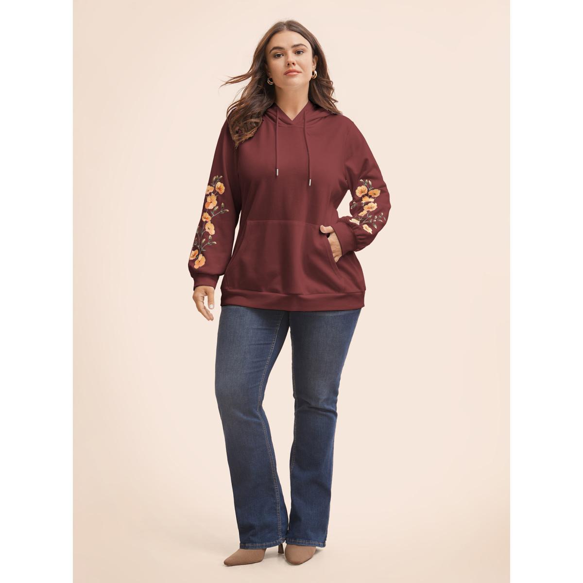 Plus Size Floral Embroidered Hooded Drawstring Sweatshirt Women Burgundy Elegant Embroidered Hooded Everyday Sweatshirts BloomChic 22-24/3X Product Image