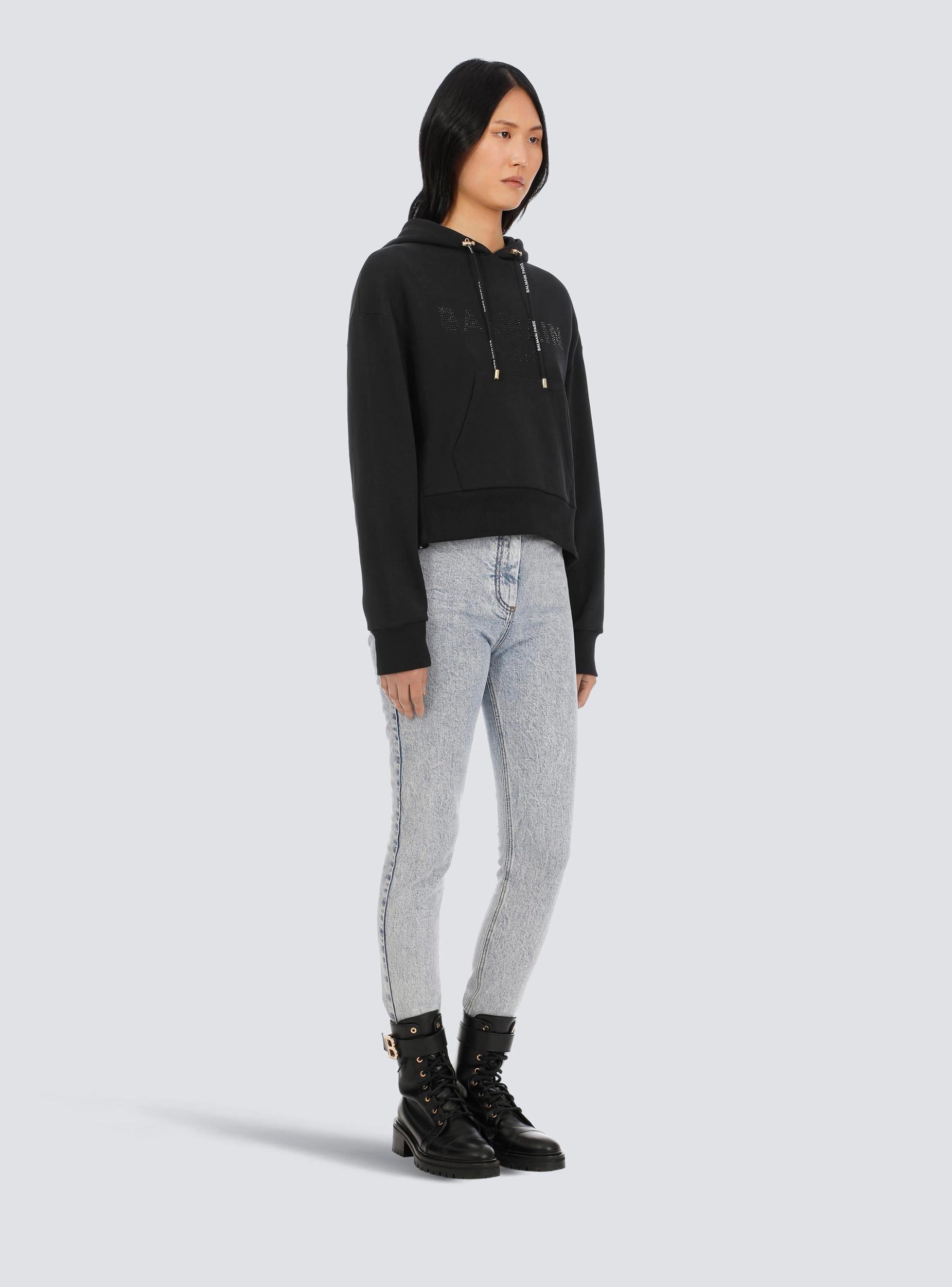 Cropped eco-designed cotton sweatshirt with rhinestone Balmain logo Product Image