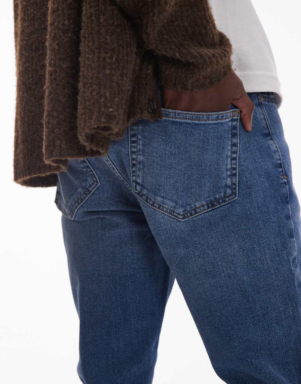 Topman stretch skinny jeans in mid wash blue Product Image