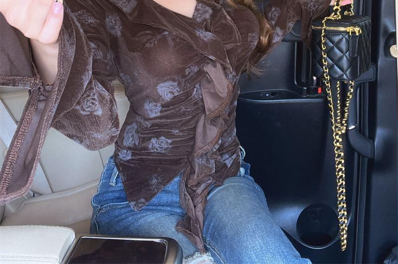 Long Sleeve V-Neck Floral Print Ruffle Top Product Image