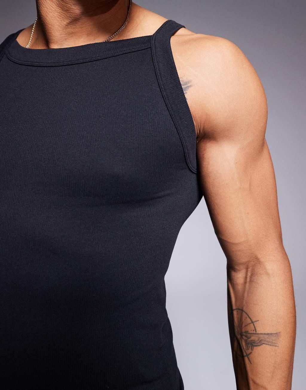ASOS 4505 seamless ribbed square neck muscle tank top in black Product Image