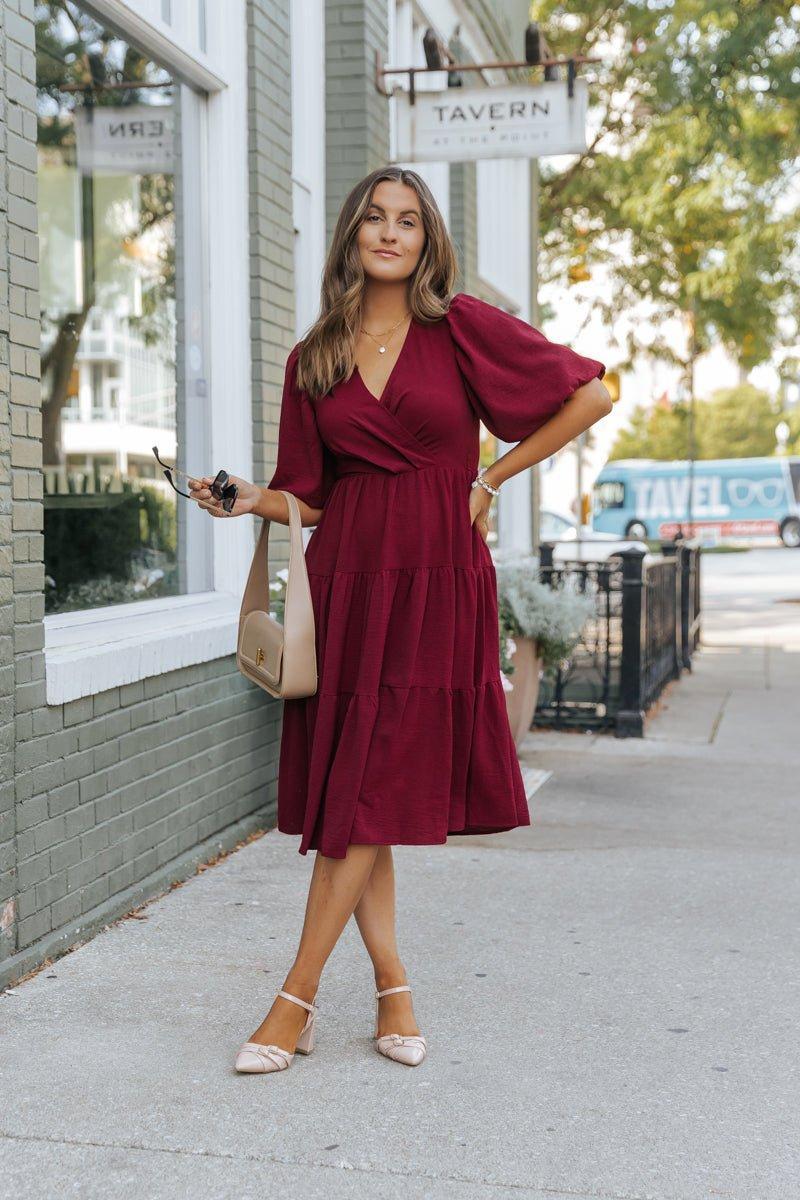 Wine Tiered Midi Wrap Dress - FINAL SALE Female Product Image