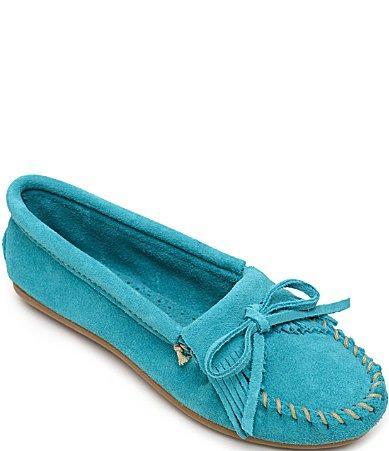 Minnetonka Kilty Suede Bow Detail Fringe Moccasins Product Image