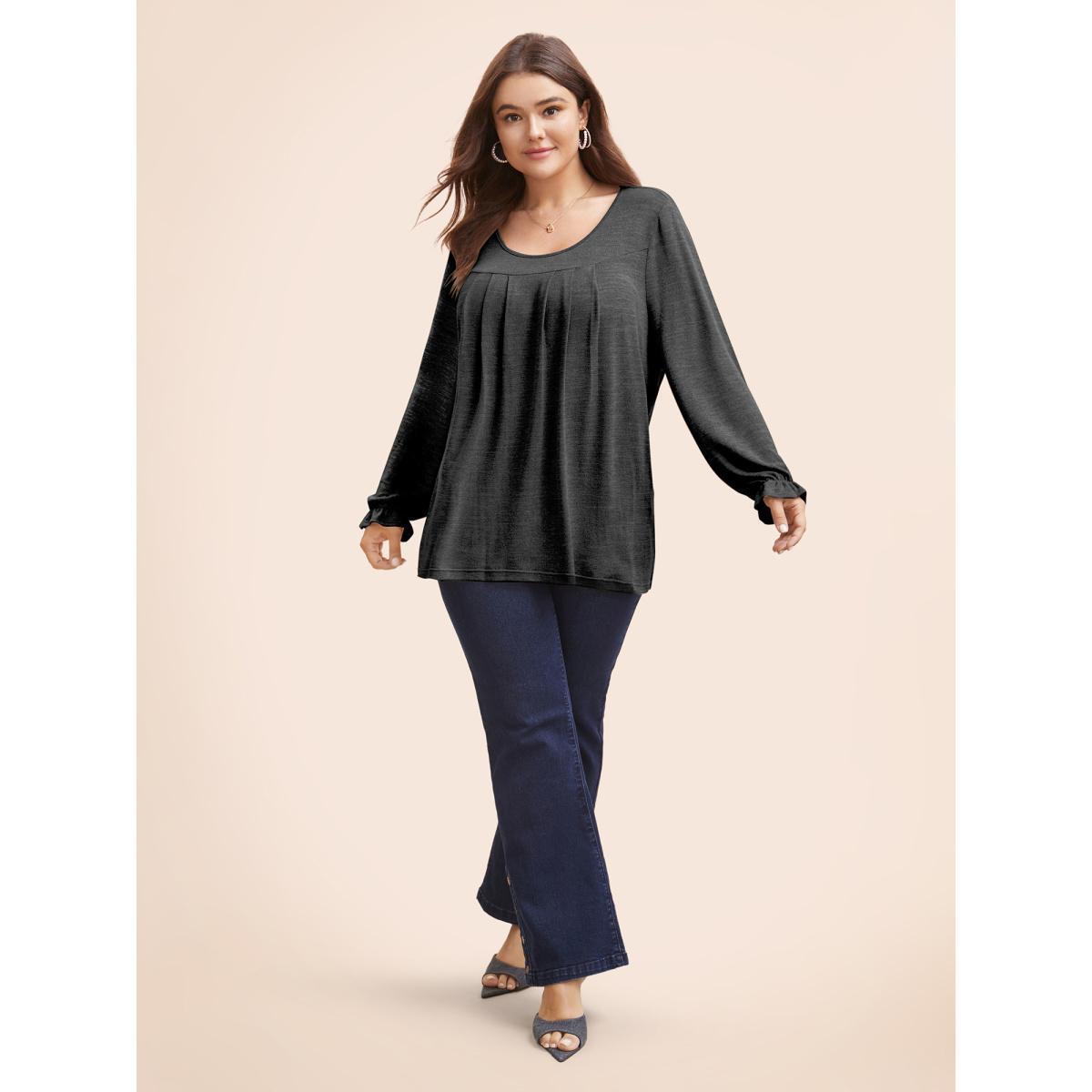 Plus Size Round Neck Heather Pleated T-shirt Indigo Women Elegant Pleated Round Neck Loose Everyday T-shirts BloomChic 12/L Product Image