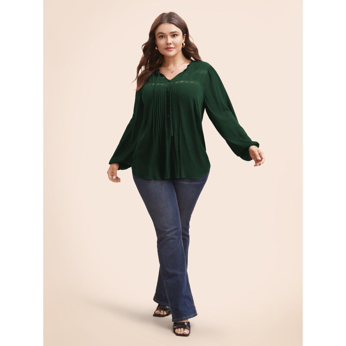 Plus Size DarkGreen Lace Patchwork Pleated Ruffles Blouse Women Elegant Long Sleeve V-neck Everyday Blouses BloomChic 18-20/2X Product Image