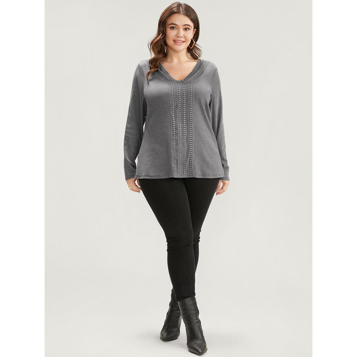 Plus Size Solid V Neck Crochet Lace Rib Knit Long Tee Gray Women Elegant Patchwork Plain V-neck Dailywear T-shirts BloomChic 12/L Product Image
