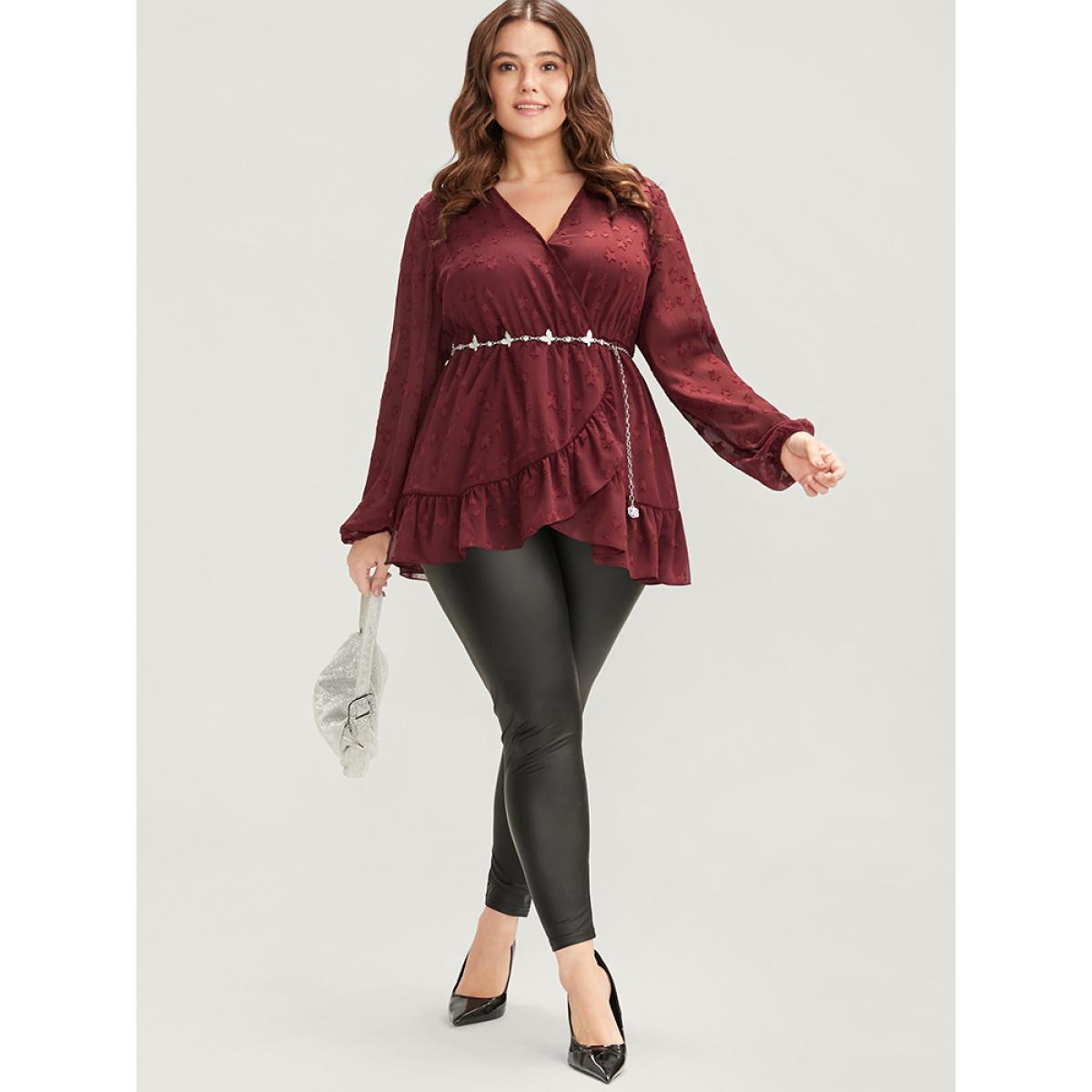 Plus Size Burgundy Star Mesh Lantern Sleeve Surplice Neck Ruffle Hem Blouse Women Glamour Long Sleeve V-neck Going out Blouses BloomChic 28/5X Product Image