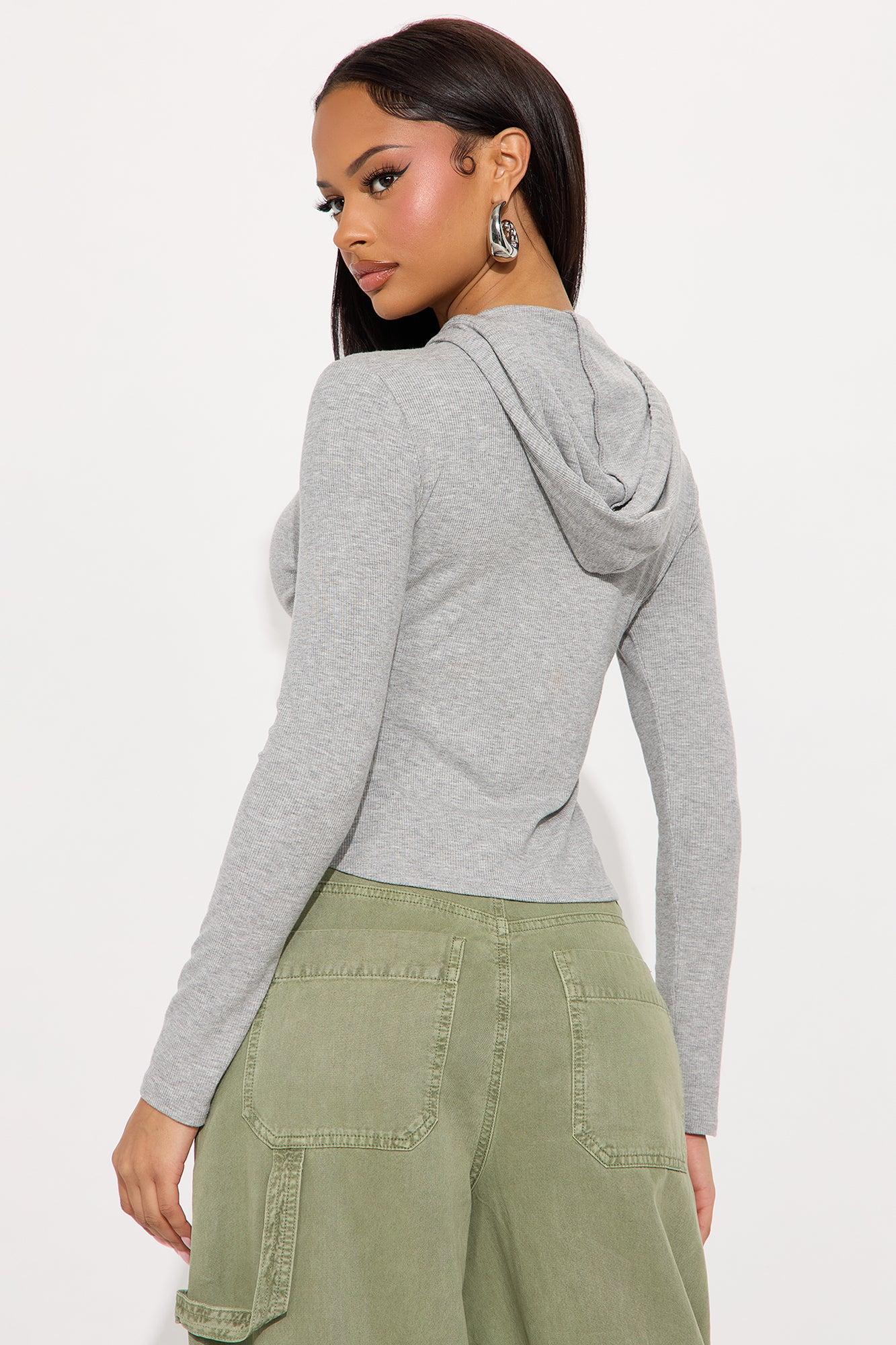Livia Long Sleeve Ribbed Hooded Top - Heathered Grey Female Product Image