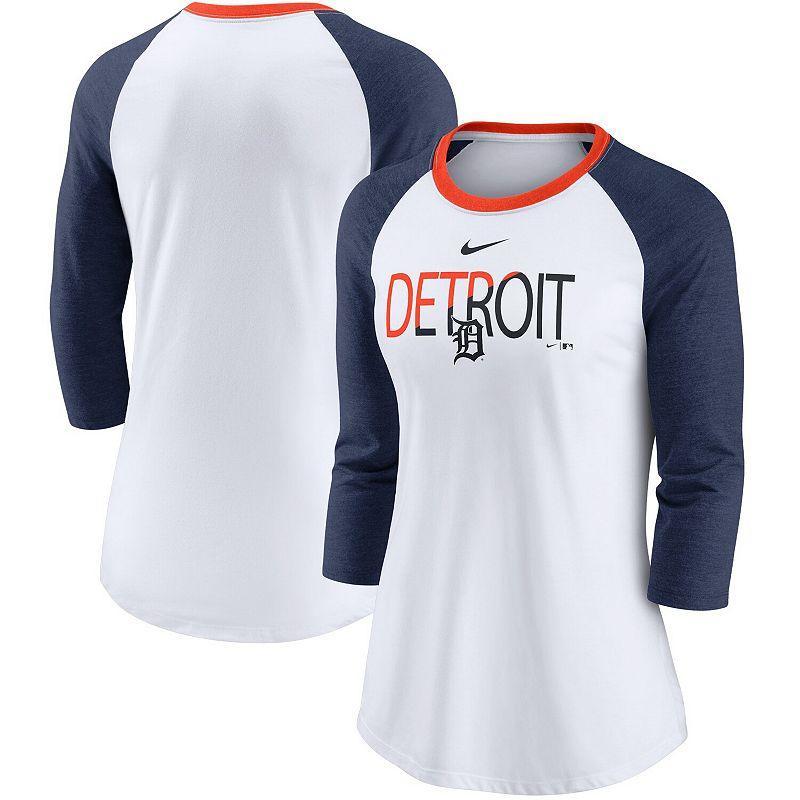 Womens White, Heathered Navy Detroit Tigers Color Split Tri-Blend 3/4 Sleeve Raglan T-shirt Product Image
