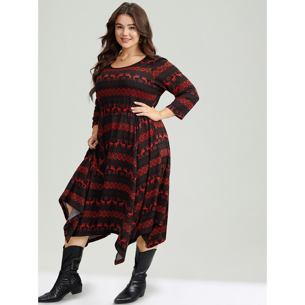 Plus Size Christmas Elk Elastic Waist Hanky Hem Dress Scarlet Women Casual Printed Round Neck Elbow-length sleeve Curvy Midi Dress BloomChic 30/6X Product Image
