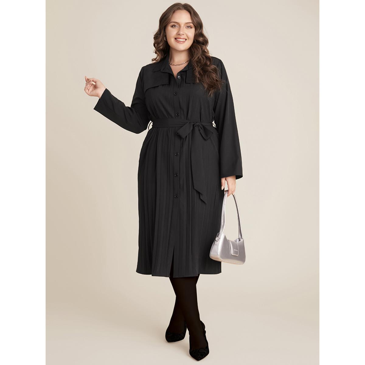 Plus Size Solid Belted Pleated Shirt Collar Dress Black Women Office Belted Shirt collar Long Sleeve Curvy Midi Dress BloomChic 12/L Product Image