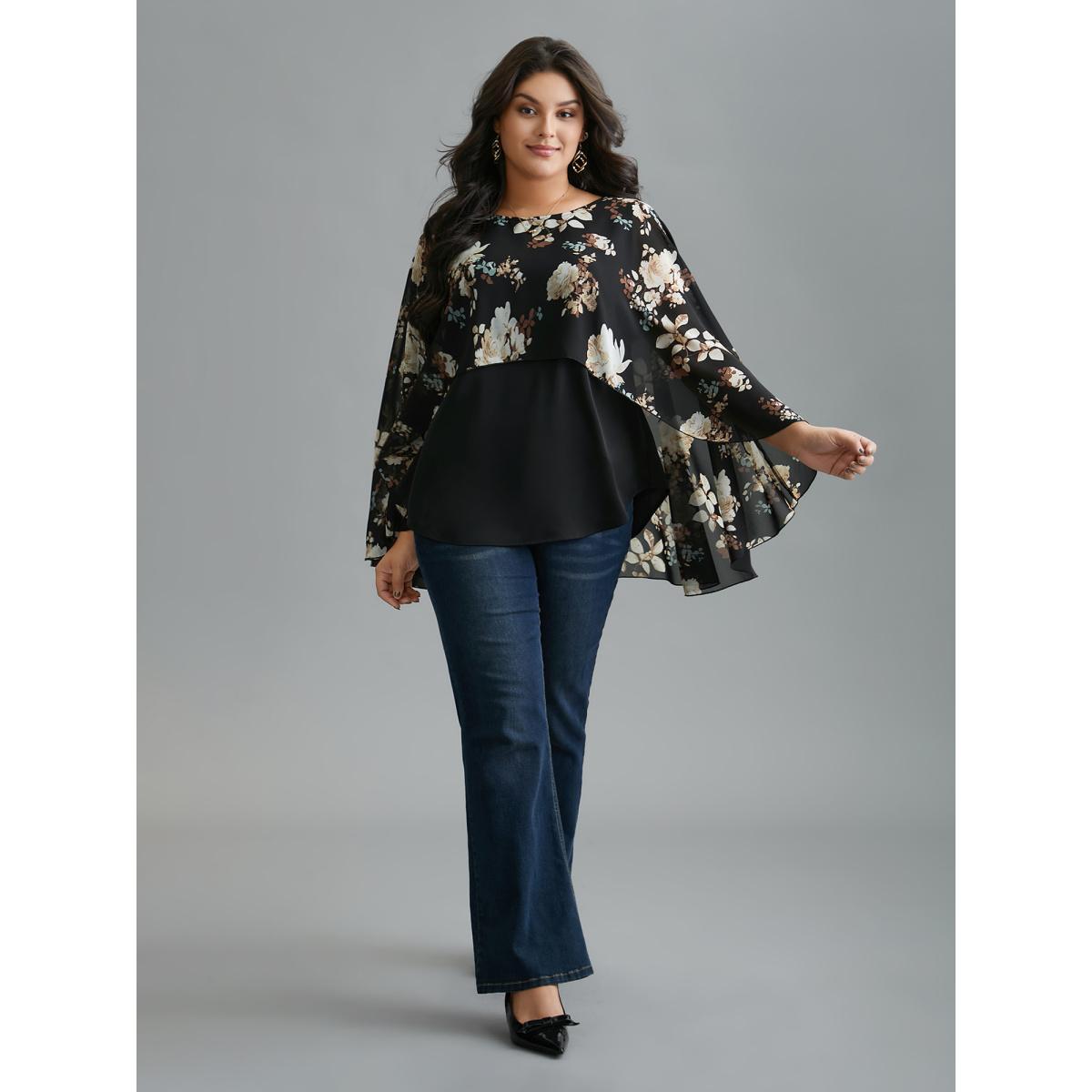 Plus Size Black Floral Chiffon High Low Hem Ruffles Blouse Women Elegant Three Quater Length Sleeve Round Neck Everyday Blouses BloomChic 28/5X Product Image