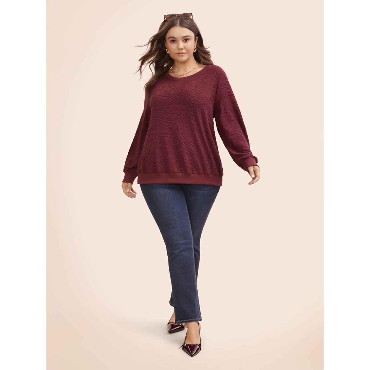 Plus Size Animal Print Textured Crew Neck Sweatshirt Women Burgundy Casual Patchwork Round Neck Everyday Sweatshirts BloomChic 30/6X Product Image