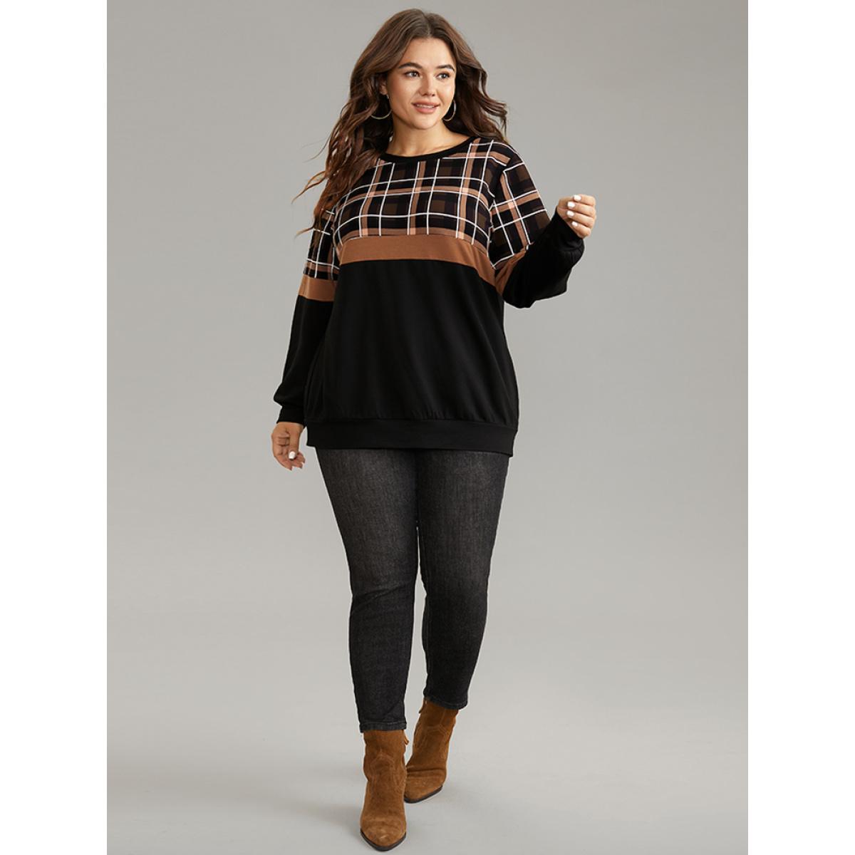Plus Size Colorblock Plaid Contrast Crew Neck Sweatshirt Women Black Casual Contrast Round Neck Dailywear Sweatshirts BloomChic 22-24/3X Product Image