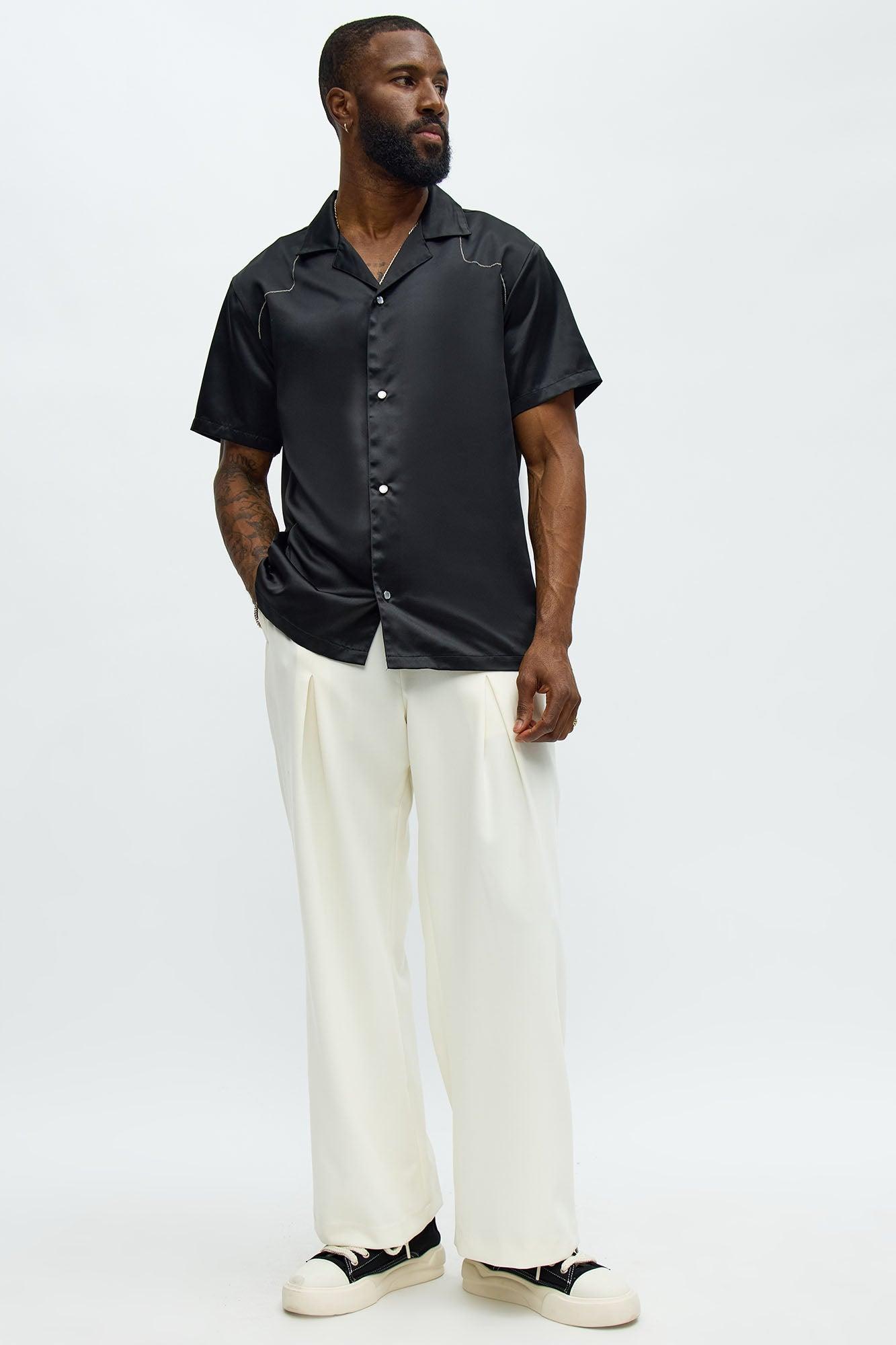 Cropped Contrast Binding Button Up Shirt - Black Product Image