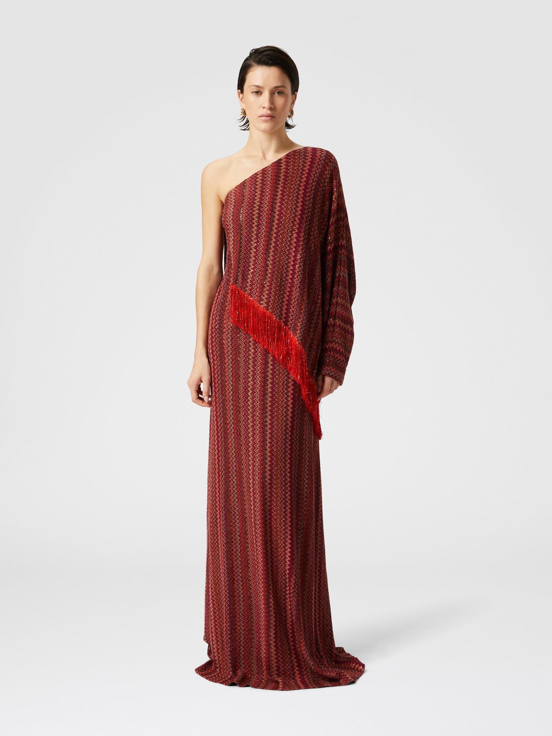Long one-shoulder zigzag dress with sequins and fringes Product Image