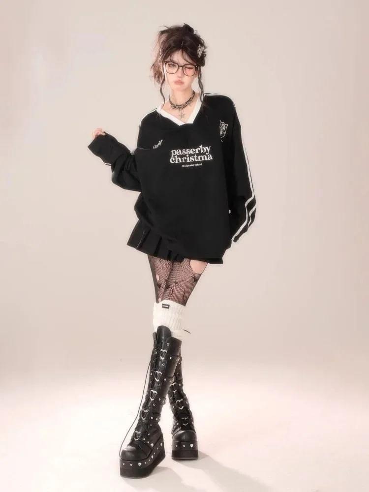 Long Sleeve V-Neck Contrast-Trim Lettering Print Striped Loose-Fit Pullover Product Image