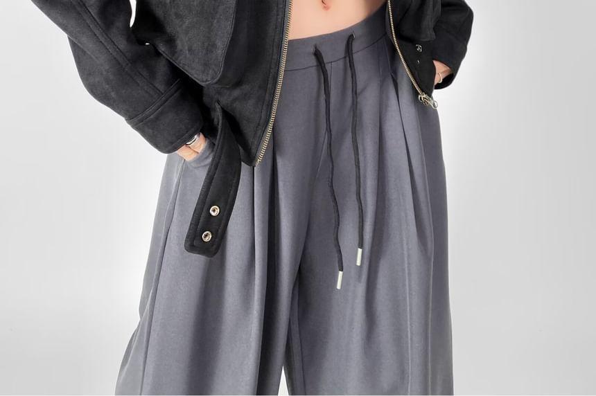 Collared Plain Panel Faux Suede Zip Jacket Product Image