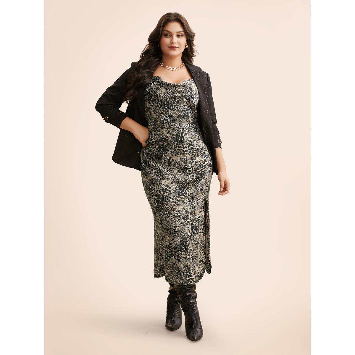 Plus Size Cowl Neck Leopard Print Maxi Dress Leopard Women Elegant Slit Cowl Neck Sleeveless Curvy BloomChic 30/6X Product Image