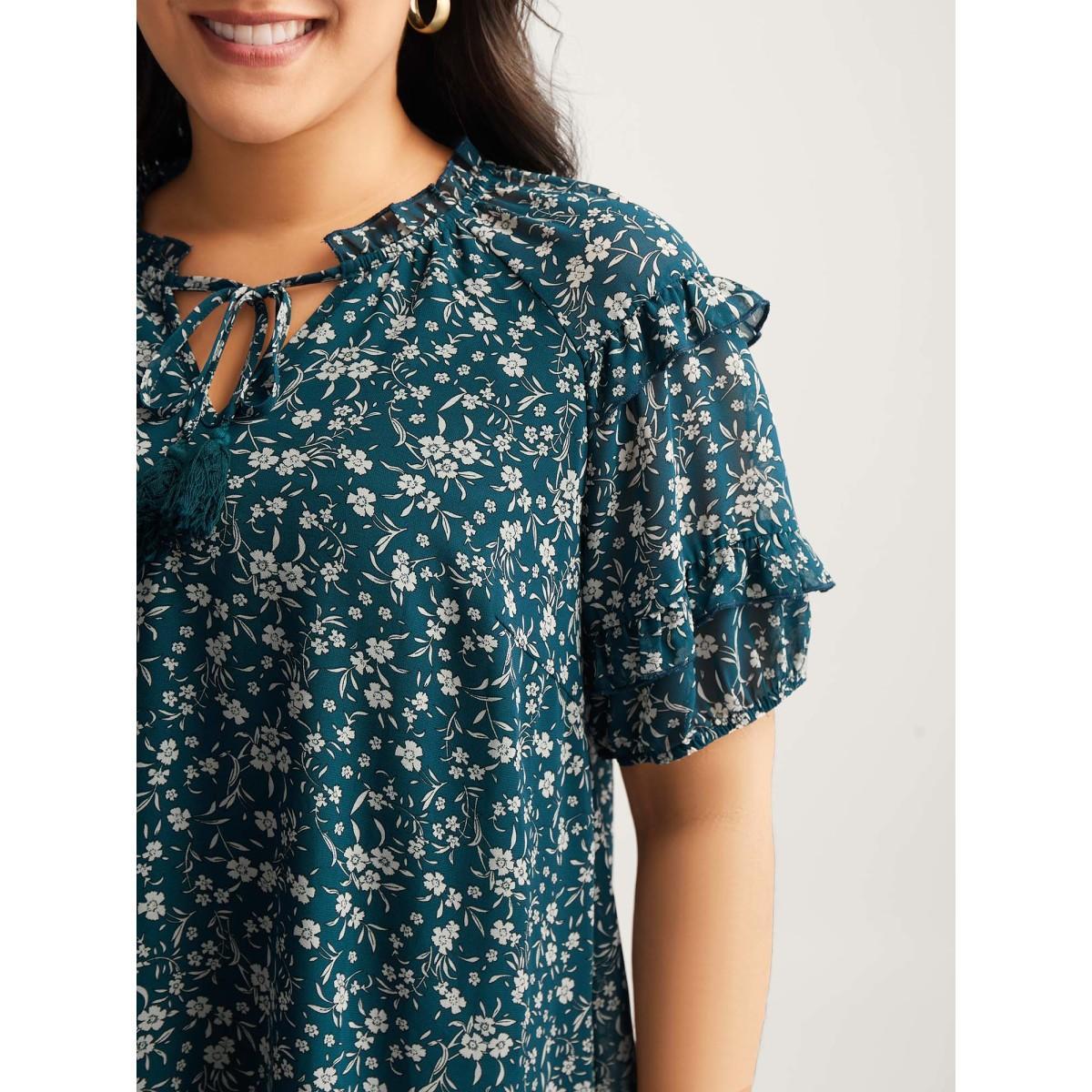 Plus Size Aegean Delicate Florals Ruffled Tiered Sleeve Blouse Women Short sleeve Round Neck Vacation Blouses BloomChic 28/5X Product Image