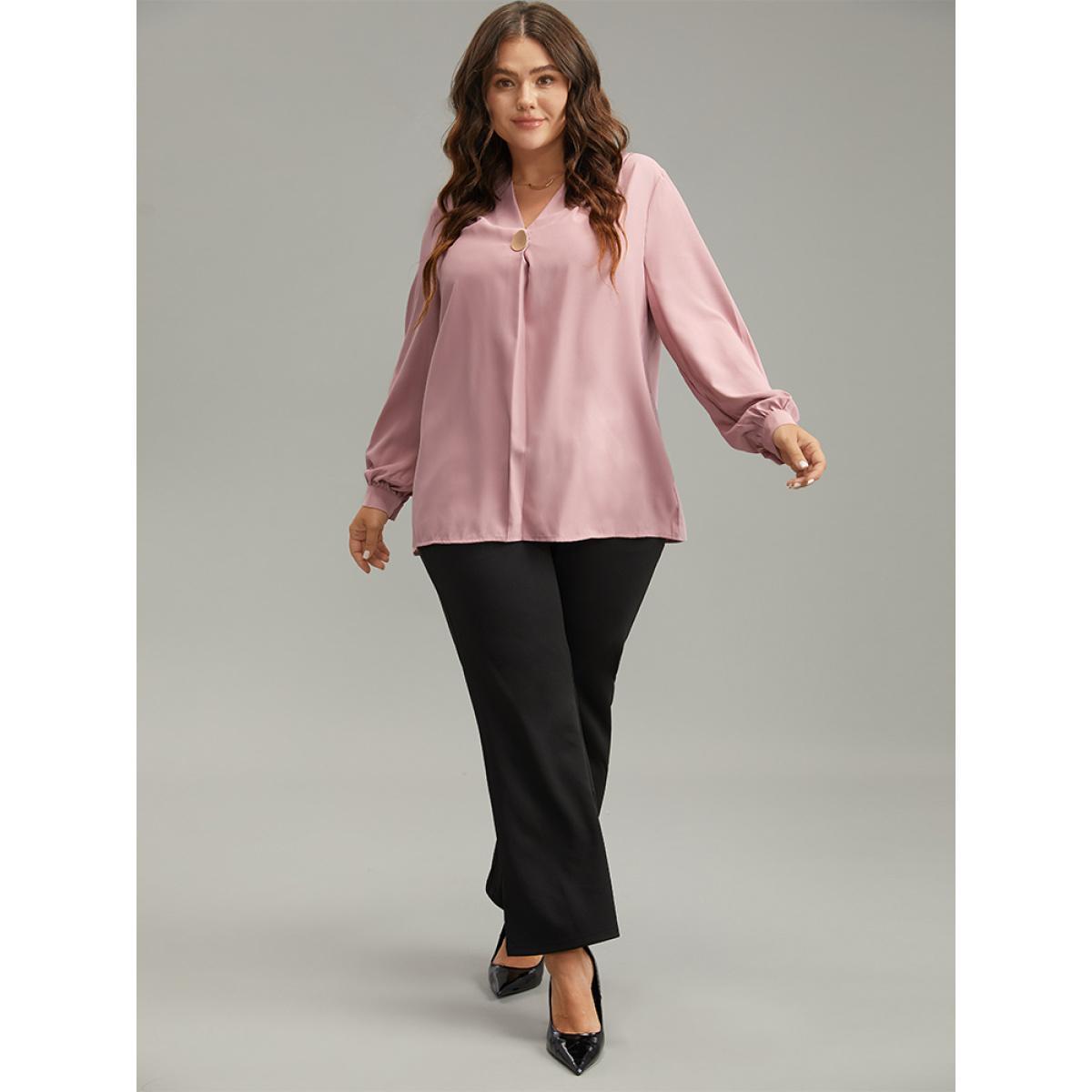 Plus Size DustyPink Plain Buckle Detail Pleated Blouse Women Office Long Sleeve V-neck Work Blouses BloomChic 18-20/2X Product Image
