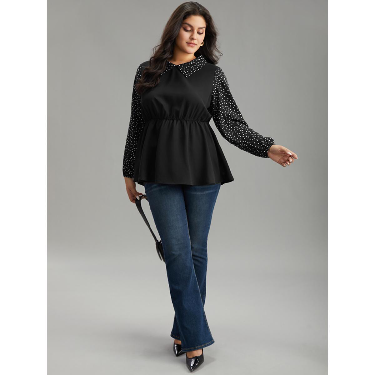 Plus Size Black Polka Dot Patchwork Lapel Collar Elastic Waist Blouse Women At the Office Long Sleeve Lapel Collar Work Blouses BloomChic 14-16/1X Product Image