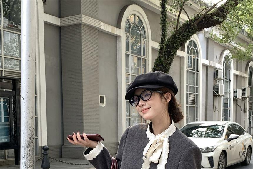 Round Neck Plain Lace Trim Single Breasted Coat Product Image