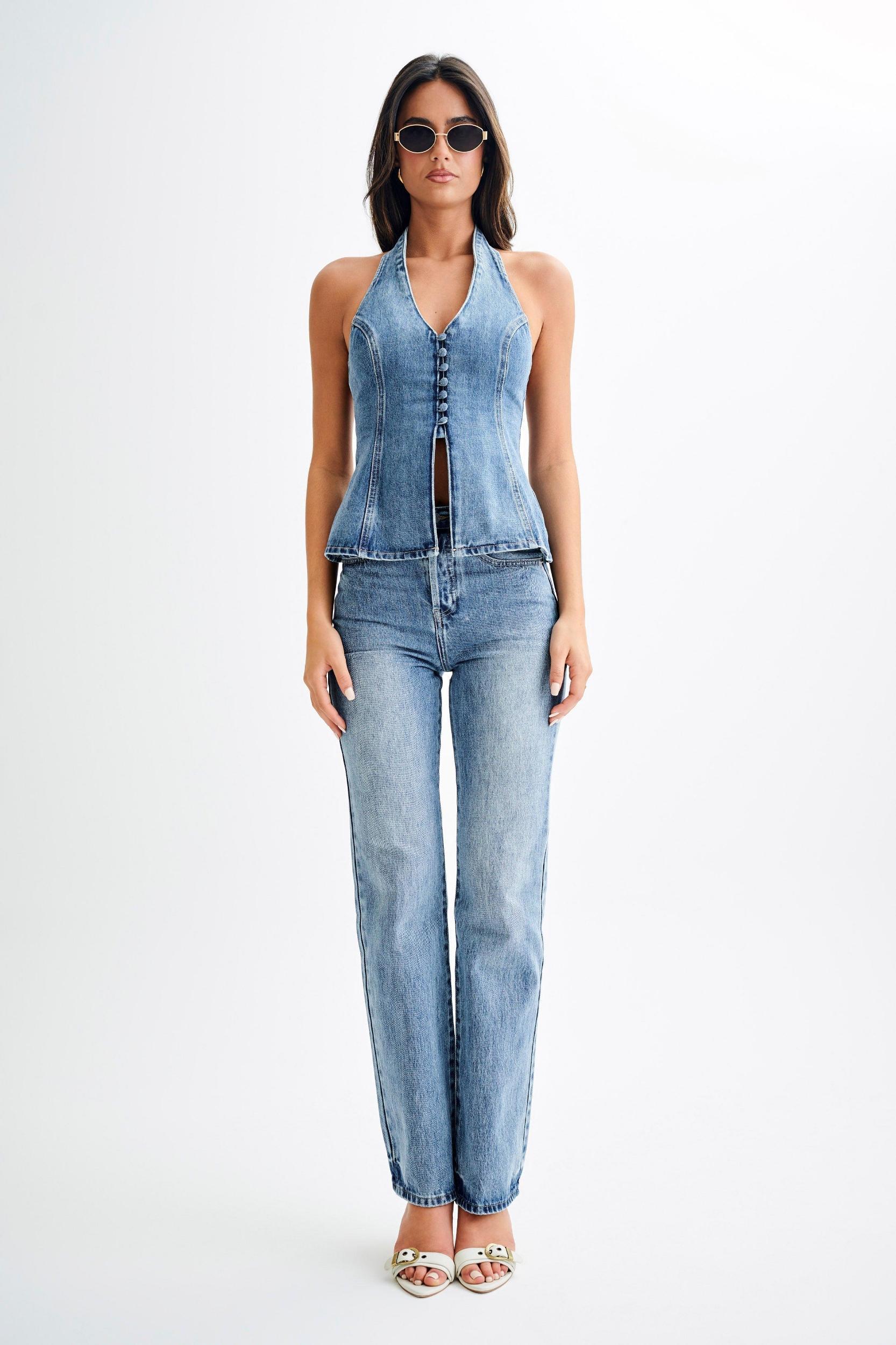 Janine High Waisted Straight Leg Jeans - Washed Mid Blue Product Image