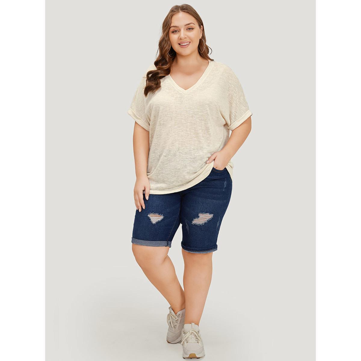 Plus Size Solid Mesh Heather Roll Batwing Sleeve T-shirt Beige Women Casual See through Plain V-neck Dailywear T-shirts BloomChic 18-20/2X Product Image