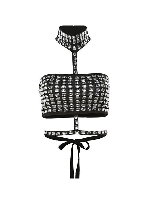 Rhinestone Decor Tie Up Backless Halter Vest Product Image