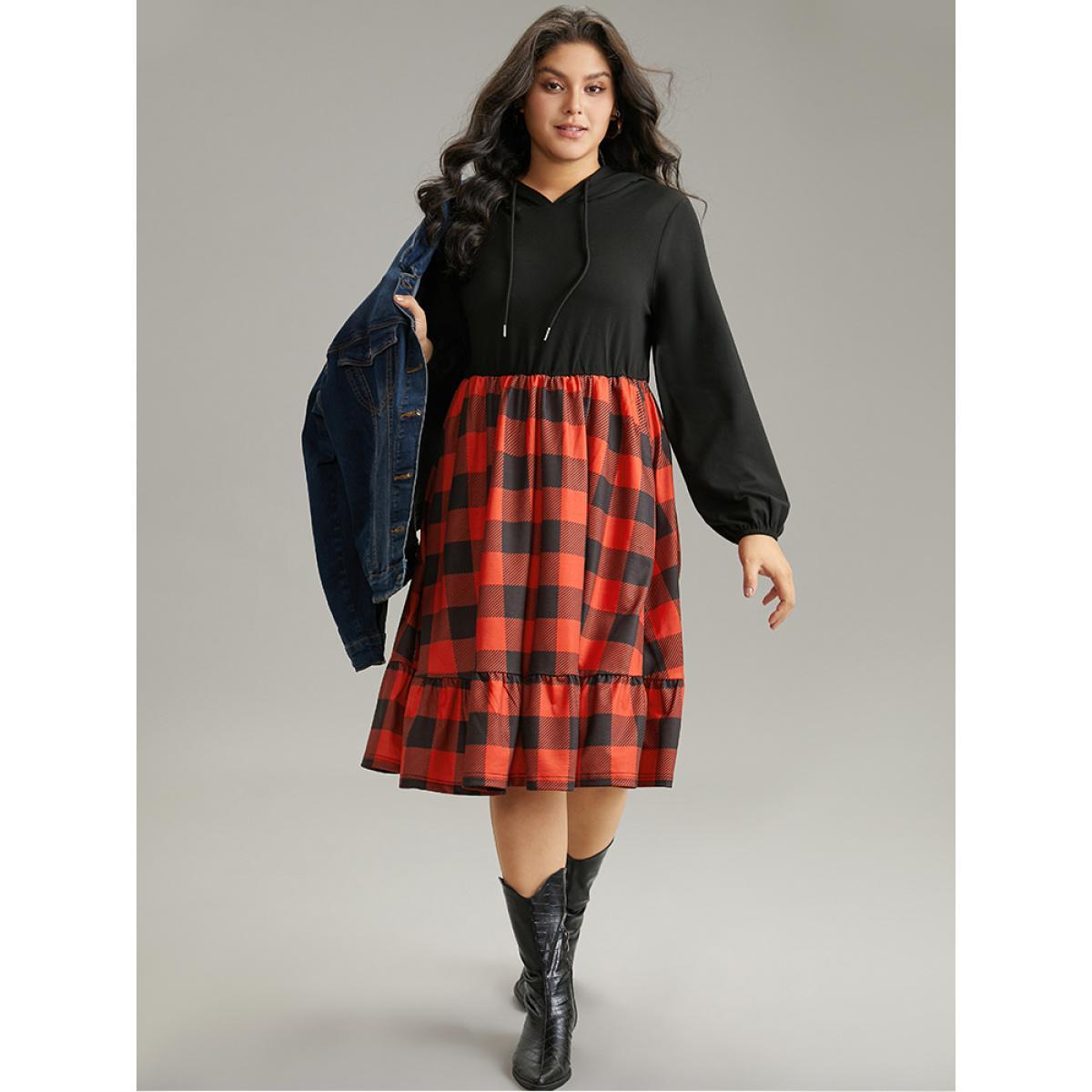Plus Size Plaid Patchwork Ruffle Hem Hooded Lantern Sleeve Dress Black Women Casual Elastic cuffs Hooded Long Sleeve Curvy Midi Dress BloomChic 30/6X Product Image