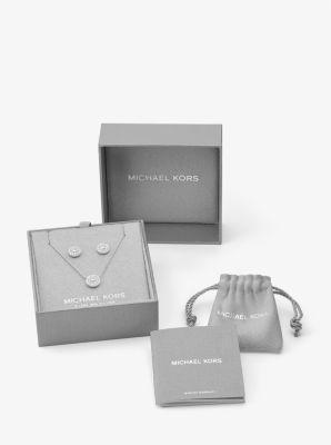 14K -Plated Sterling Silver Pavé Logo Disc Earrings and Necklace Set Product Image