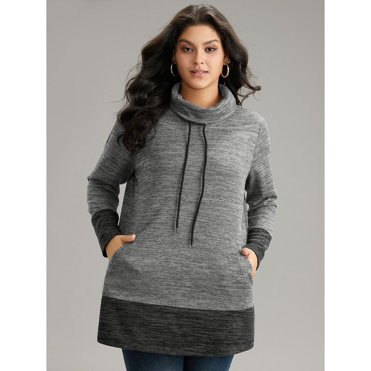 Plus Size Contrast Turtleneck Pocket Drawstring Sweatshirt Women DimGray Casual Contrast Turtleneck Dailywear Sweatshirts BloomChic 12/L Product Image