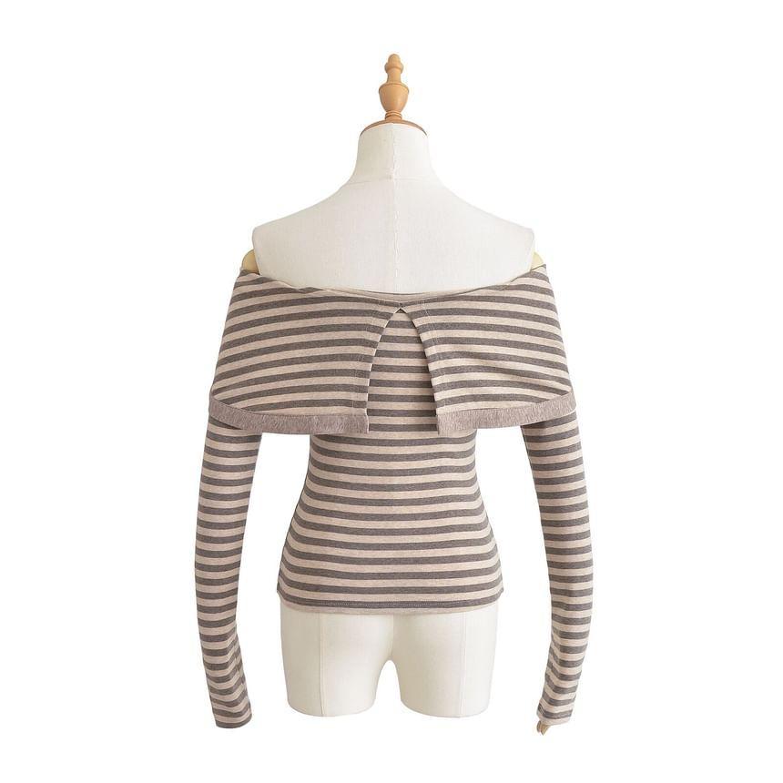 Long Sleeve Off Shoulder Henley Striped Tee Product Image