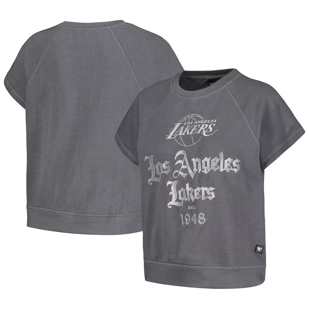 Women's The Wild Collective Gray Los Angeles Lakers Embroidered Fleece Raglan Short Sleeve Pullover Sweatshirt, Size: Medium, Grey Product Image