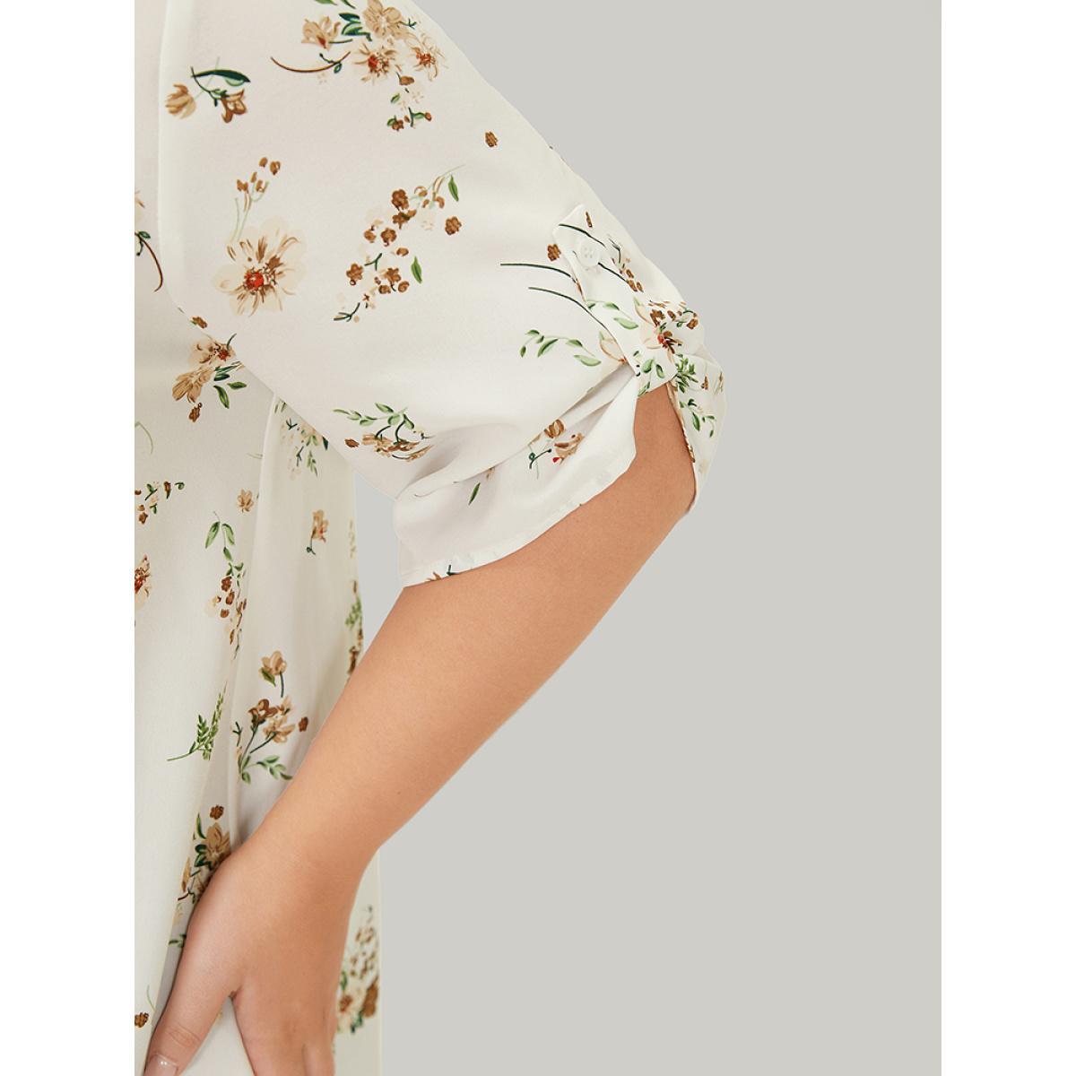 Plus Size White Floral Cuffed Sleeve Hanky Hem Keyhole Neck Blouse Women Elegant Half Sleeve V-neck Dailywear Blouses BloomChic 14-16/1X Product Image