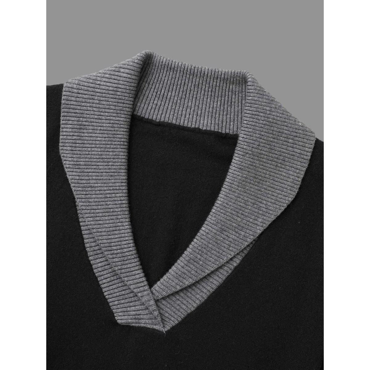 Plus Size Contrast Overlap Collar Button Detail Pullover Black Women Casual Loose Long Sleeve Overlap Collar Everyday Pullovers BloomChic 14-16/1X Product Image