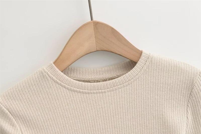 Long Sleeve Crew Neck Plain Ribbed Tee Product Image