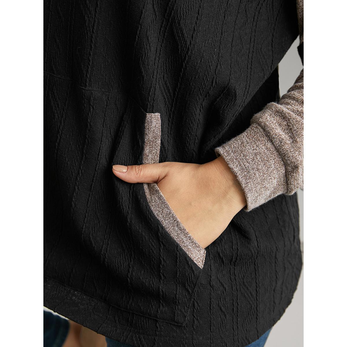 Plus Size Contrast Textured Raglan Sleeve Pocket Hooded Sweatshirt Women Black Casual Texture Hooded Dailywear Sweatshirts BloomChic 18-20/2X Product Image