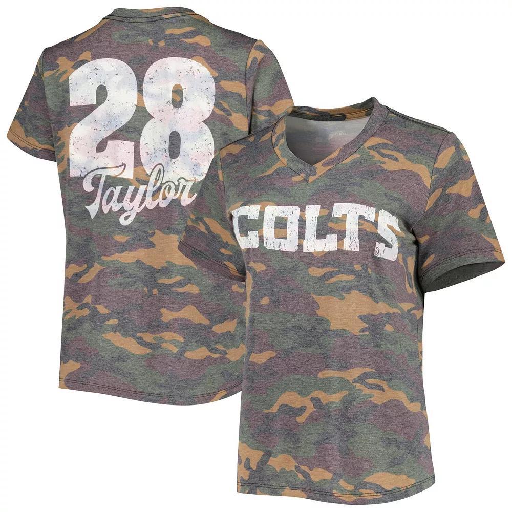 Women's Majestic Threads Jonathan Taylor Camo Indianapolis Colts Name & Number V-Neck Tri-Blend T-Shirt, Size: XL, Green Product Image